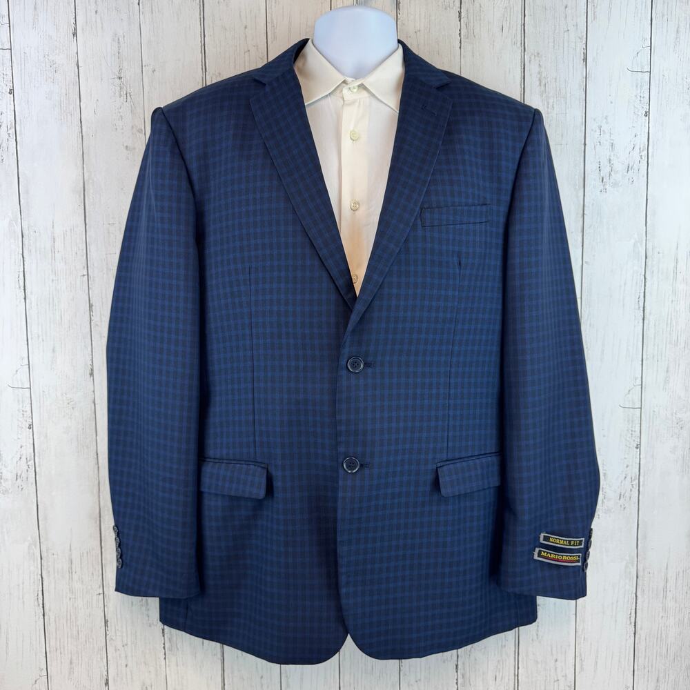 NWOT Mario Rossi Navy Blue Plaid Super 140s 2-Button Sport Coat Blazer Size 44L